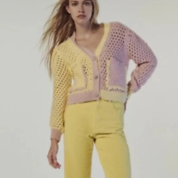 Zara Colorblock Cropped Sweater Size Medium Cottagecore Coastal Grandma - Picture 4 of 16